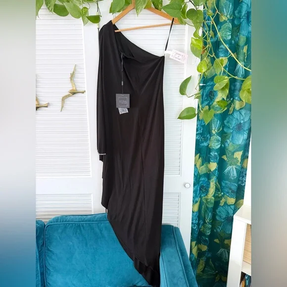 Mac Duggal | 11247 Black One Shoulder Asymmetrical Hem Flowy Dress New 4 Holiday - Picture 8 of 16